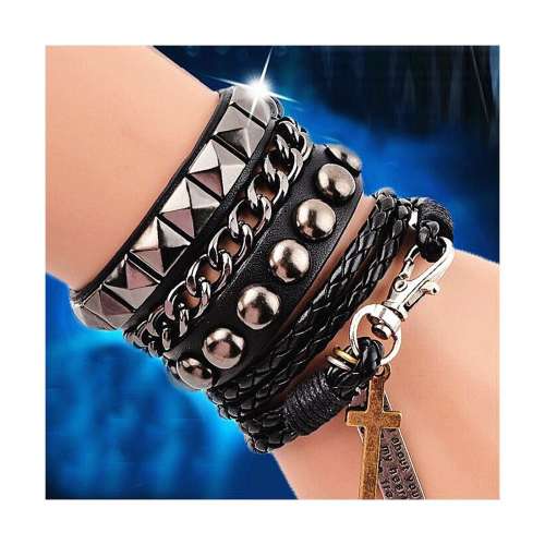 BLACK Leather & Cool Fashion Punk Multilayer Cuff Lettering & Cross BRACELET Best Deals in USA